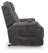 Reclining and lifted view of Ashley power lift recliner