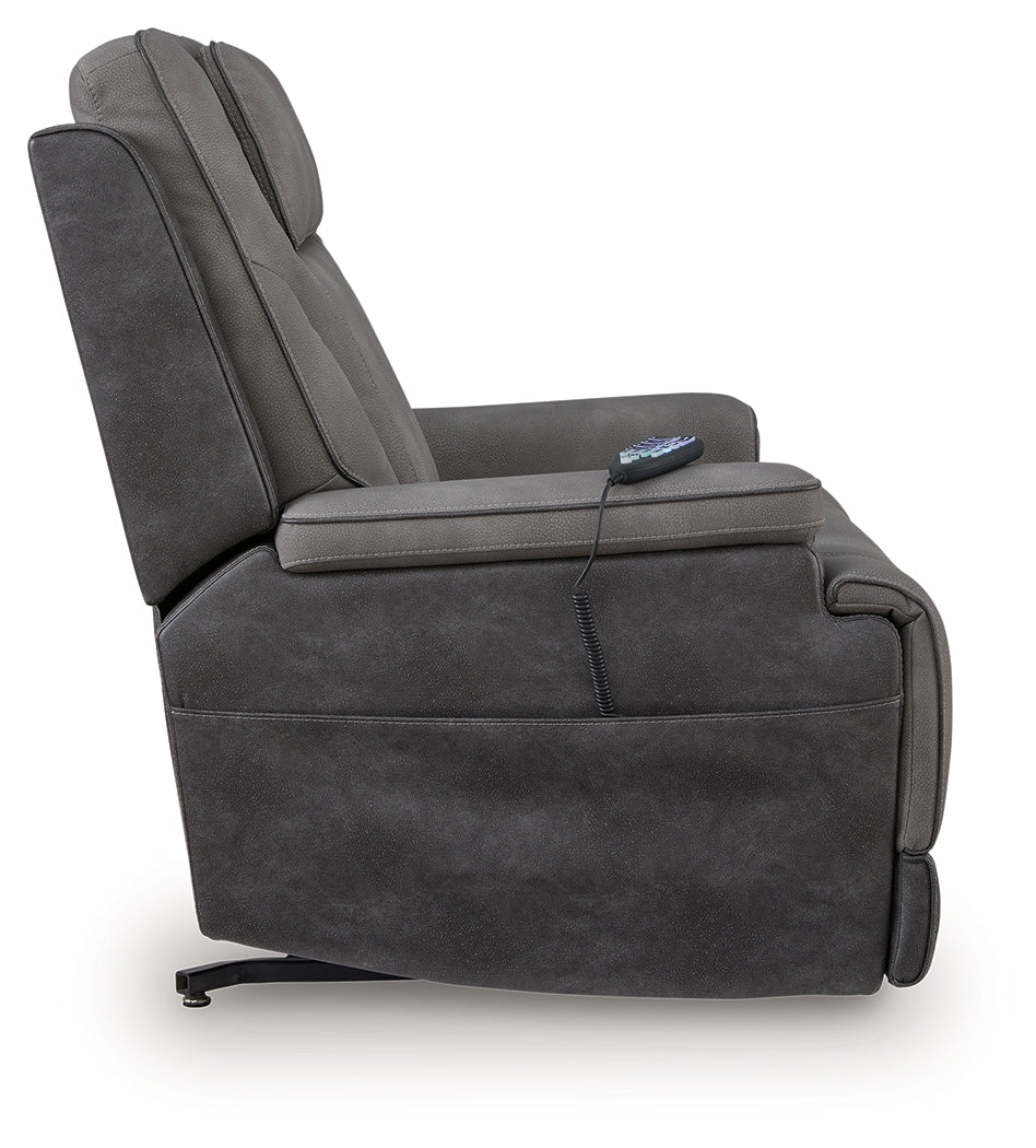 Reclining and lifted view of Ashley power lift recliner
