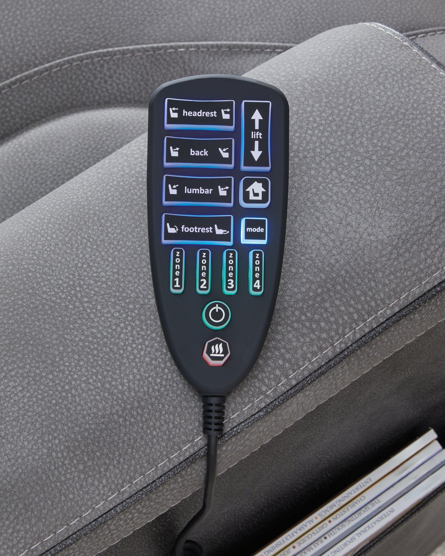 Slate microfiber upholstery detail on power recliner
