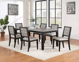 Room view of Elodie dining room set with extension leaf table and six side chairs