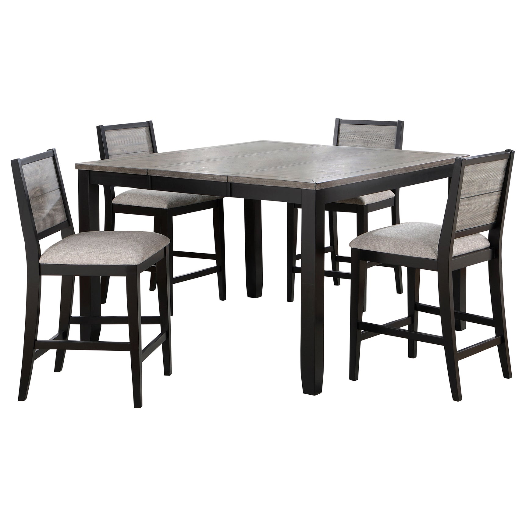 Side angle of Elodie black and gray counter height dining set showing extension leaf