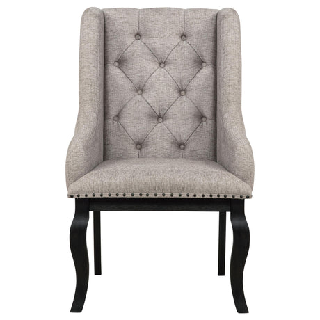 Phelps Upholstered Dining Arm Chairs Tan Distressed Noir Set of 2 front angle