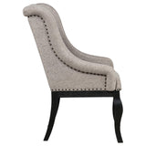 Phelps Upholstered Dining Arm Chairs Tan Distressed Noir Set of 2 front angle