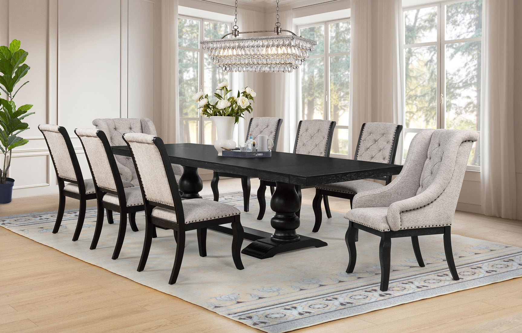 Phelps Upholstered Dining Arm Chairs Tan Distressed Noir Set of 2 front angle