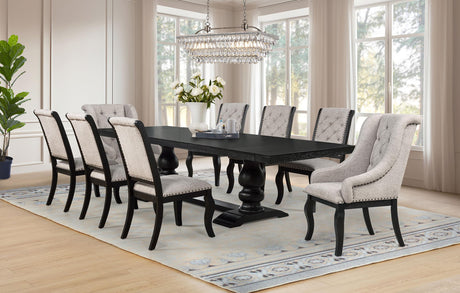 Phelps Upholstered Dining Arm Chairs Tan Distressed Noir Set of 2 front angle