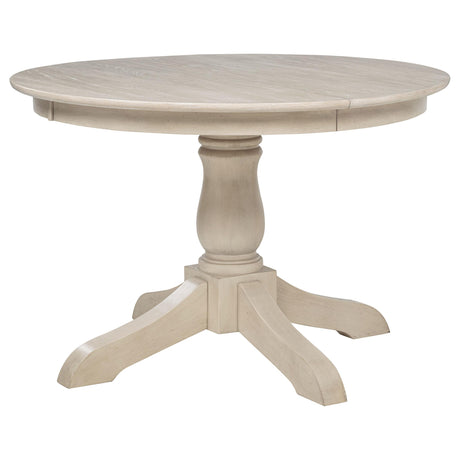 Orrison Oval Dining Table close-up of table top and turned pedestal base