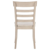 Detail of linen upholstered seat on Orrison ladder back chair