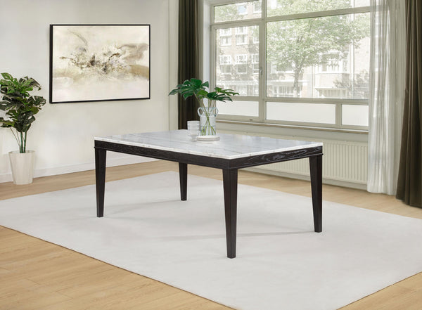 Close-up of white marble tabletop showing smooth square edges