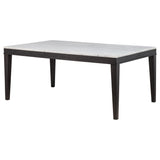 Top view of rectangular white marble dining table surface