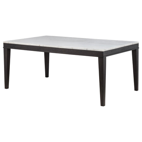 Top view of rectangular white marble dining table surface