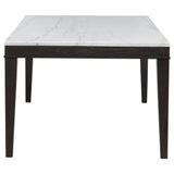 Averill 72-inch rectangular dining table with white marble top and coffee bean base, angled view