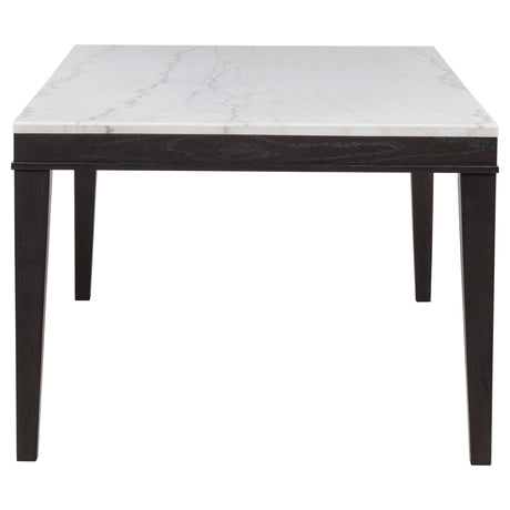 Averill 72-inch rectangular dining table with white marble top and coffee bean base, angled view