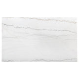 Averill 72-inch rectangular dining table with white marble top and coffee bean base, angled view