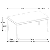 Averill 72-inch rectangular dining table with white marble top and coffee bean base, angled view