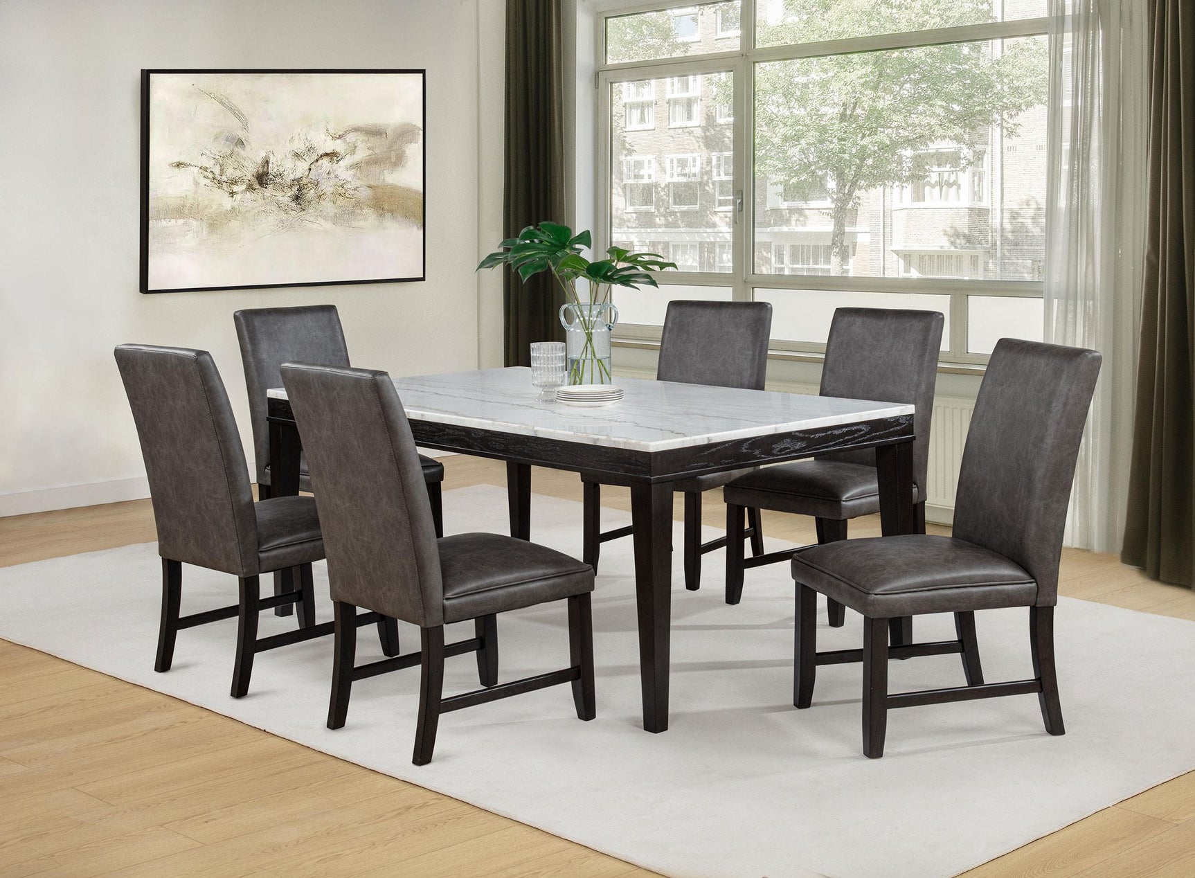 Averill 72-inch rectangular dining table with white marble top and coffee bean base, angled view