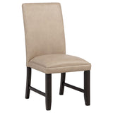 Close-up of tan faux leather upholstery and padded seat