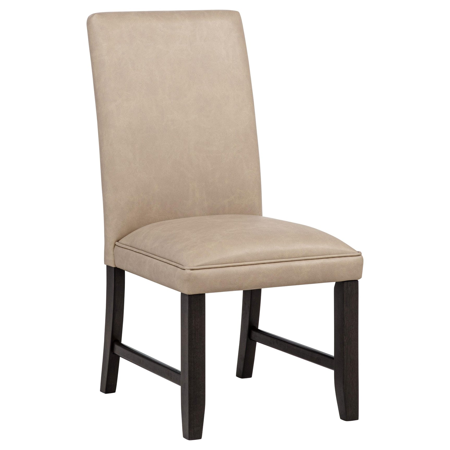 Close-up of tan faux leather upholstery and padded seat