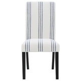 Close up of linen-like beige fabric with blue stripes on Herran chair seat