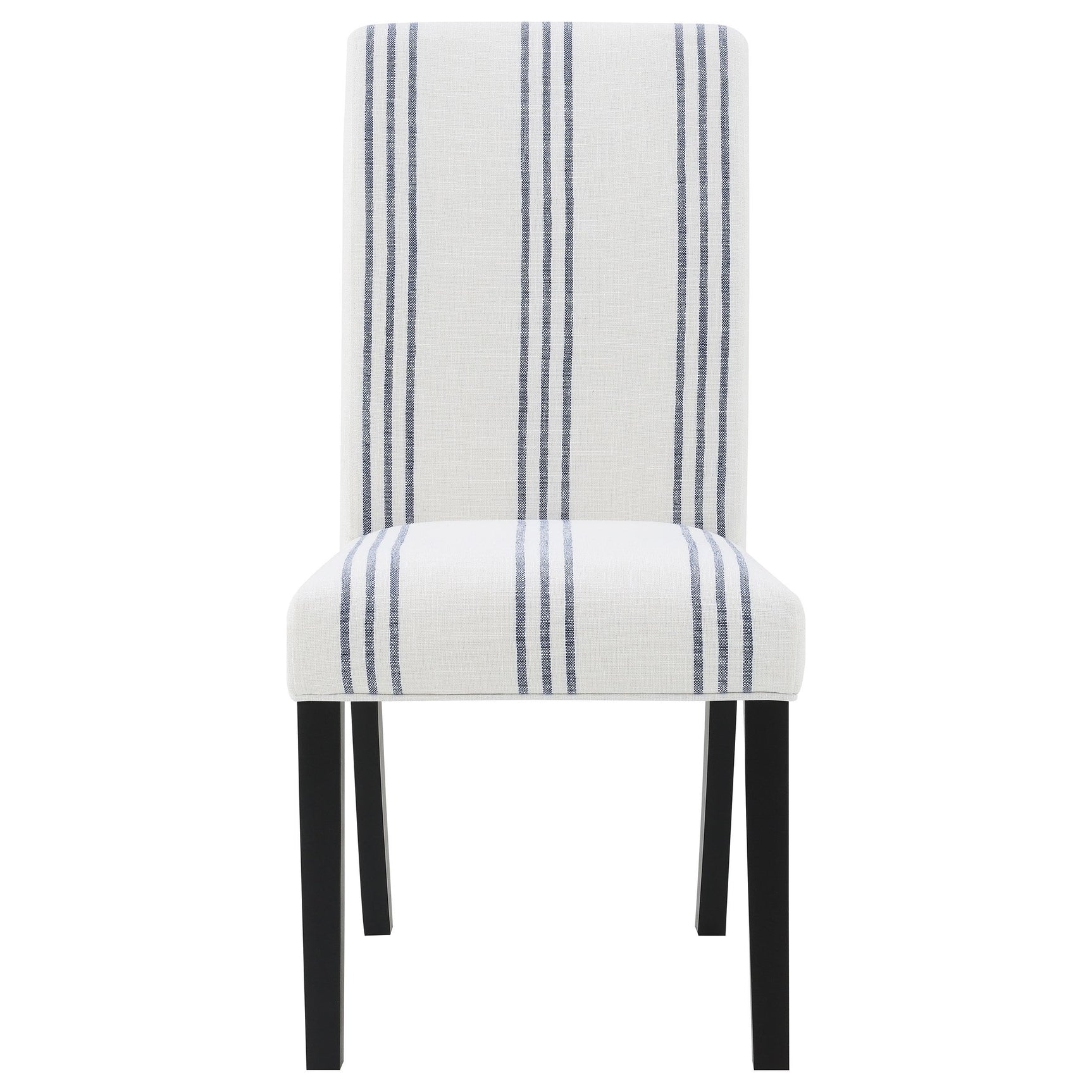 Close up of linen-like beige fabric with blue stripes on Herran chair seat