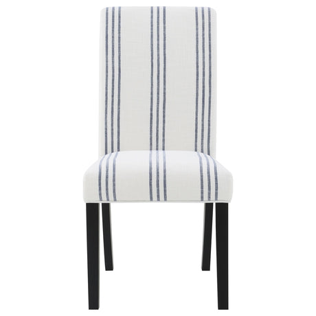 Close up of linen-like beige fabric with blue stripes on Herran chair seat