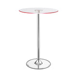 Close-up of Thea LED Bar Table chrome pedestal base and round foot