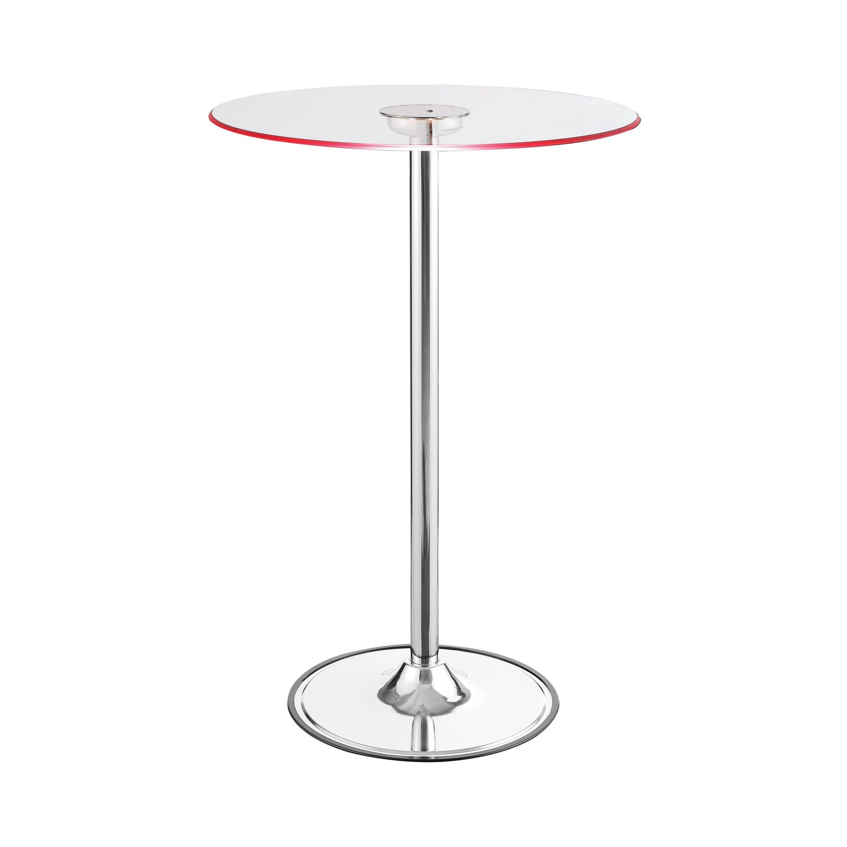 Close-up of Thea LED Bar Table chrome pedestal base and round foot