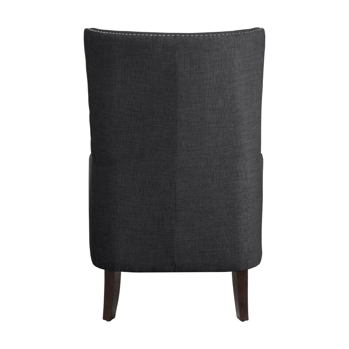 Avina Charcoal Fabric Wingback Accent Chair - angled view showing wooden legs