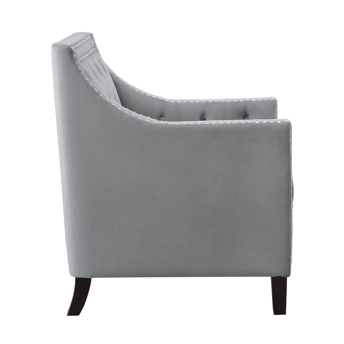 Grazioso dark gray velvet tufted accent chair angled view