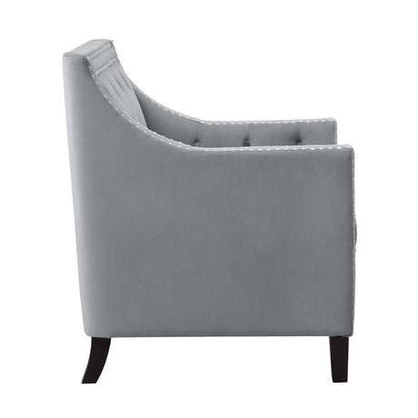 Grazioso dark gray velvet tufted accent chair angled view