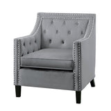 Grazioso dark gray velvet tufted accent chair side view showing nailhead trim