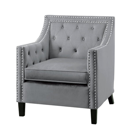 Grazioso dark gray velvet tufted accent chair side view showing nailhead trim
