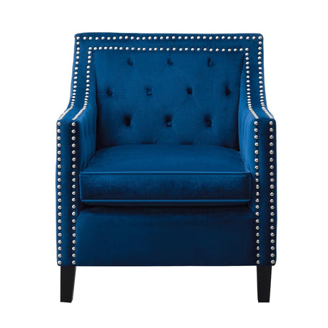 Front view of Grazioso navy velvet tufted accent chair with nailhead trim