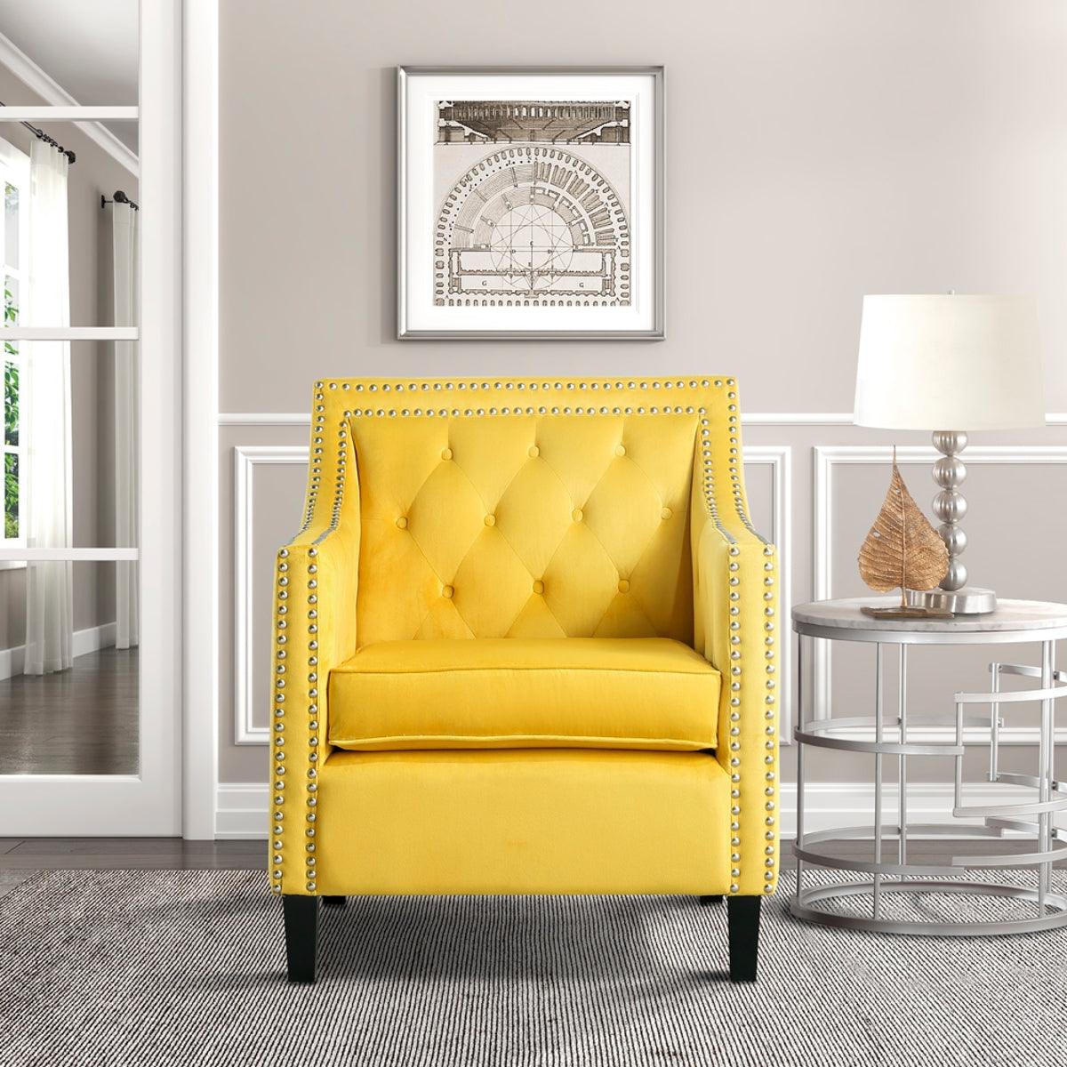 Close-up of button tufting on Grazioso yellow velvet accent chair