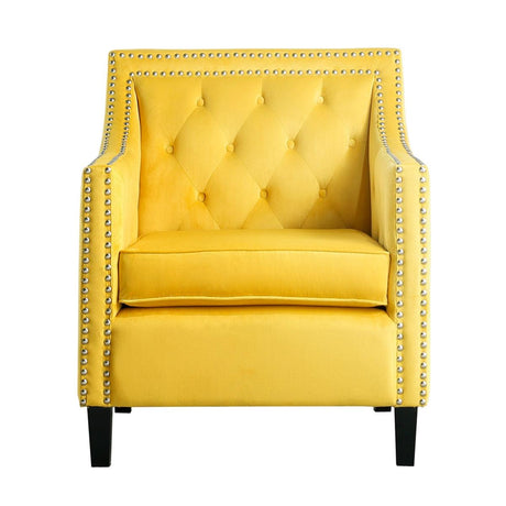 Grazioso yellow velvet tufted accent chair with solid wood frame from front angle