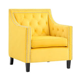 Grazioso yellow velvet accent chair showing nailhead trim detail