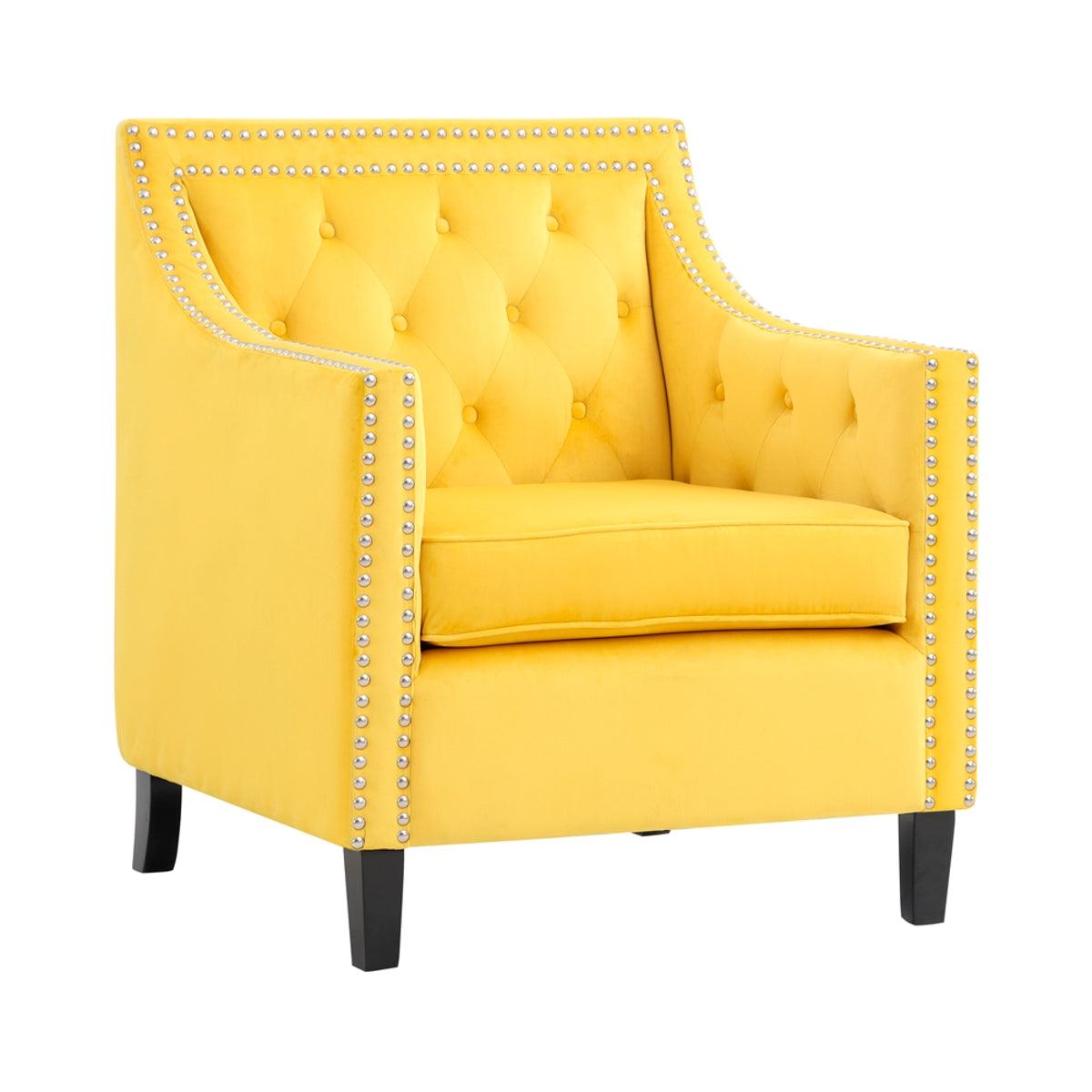Grazioso yellow velvet accent chair showing nailhead trim detail