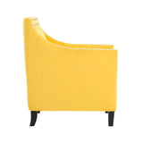 Side view of Grazioso yellow velvet tufted accent chair with sloped arms