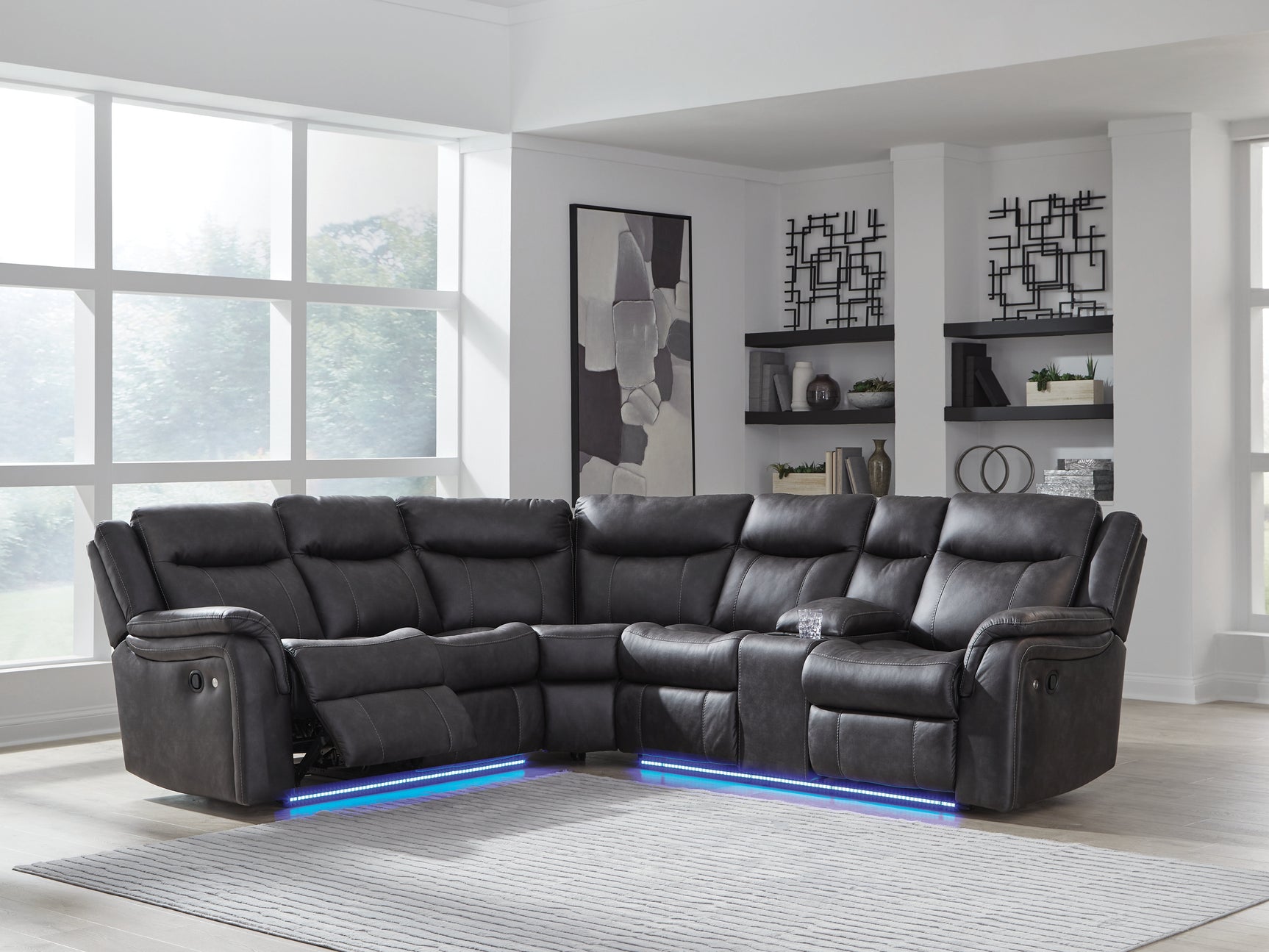 LED lighting on sectional in blue