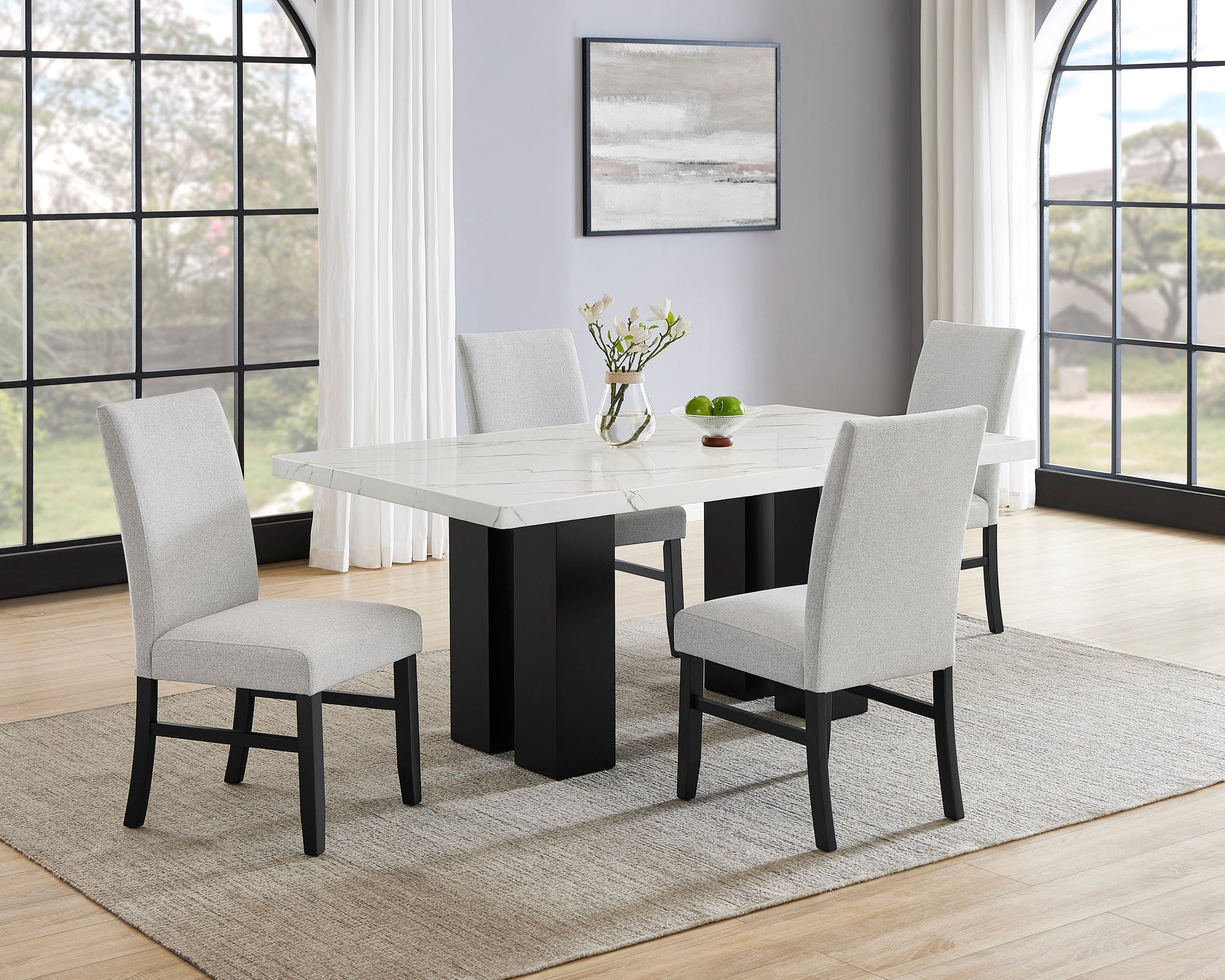 Room view of Parkside Light Gray Rectangular Dining Set with chairs and bench