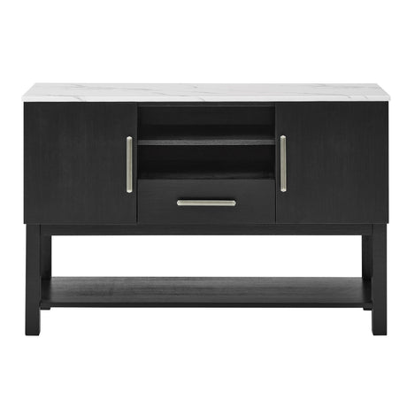 Close-up of dark gray finish on sideboard
