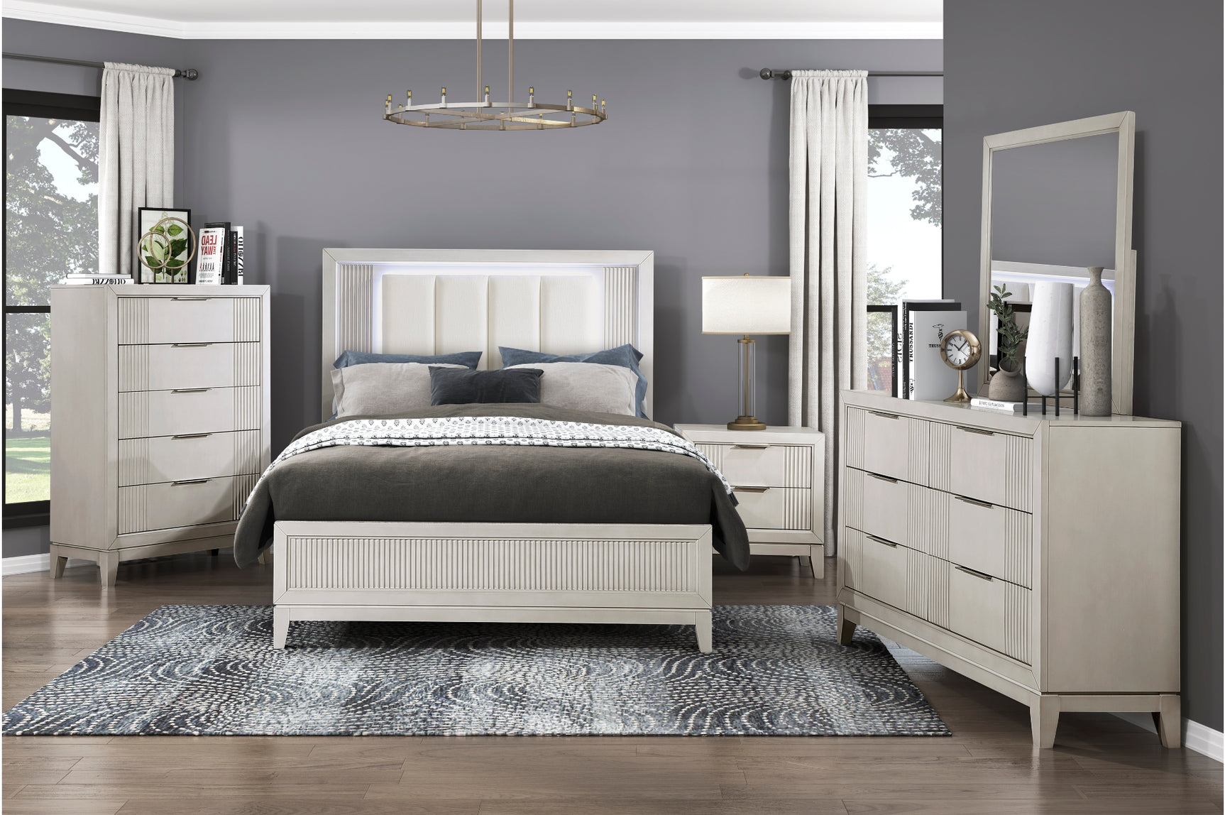 Florence Antique White Upholstered LED Panel Bed main view