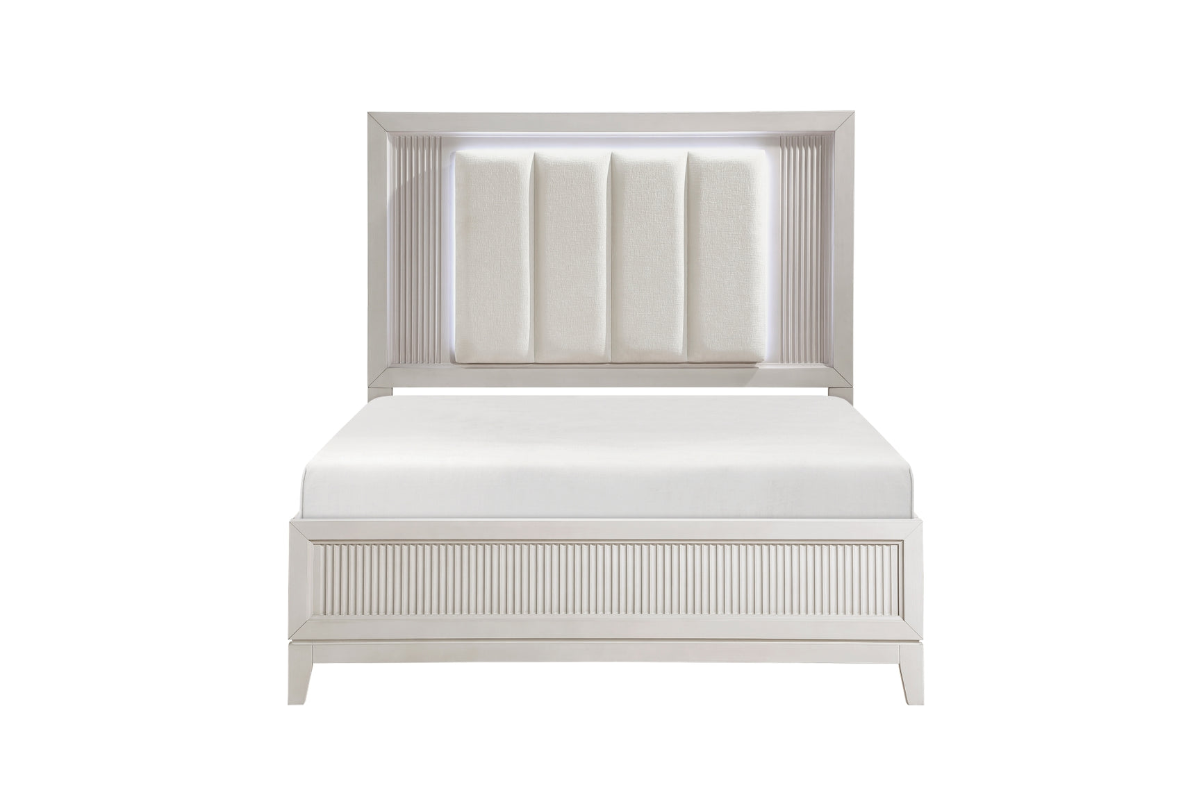 Florence Antique White Upholstered LED Panel Bed bedroom perspective