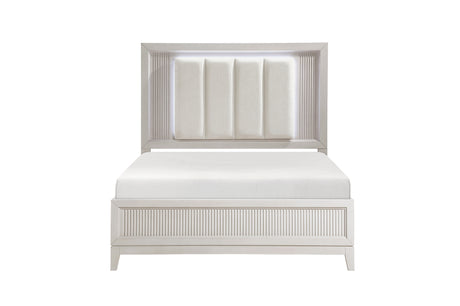 Florence Antique White Upholstered LED Panel Bed bedroom perspective