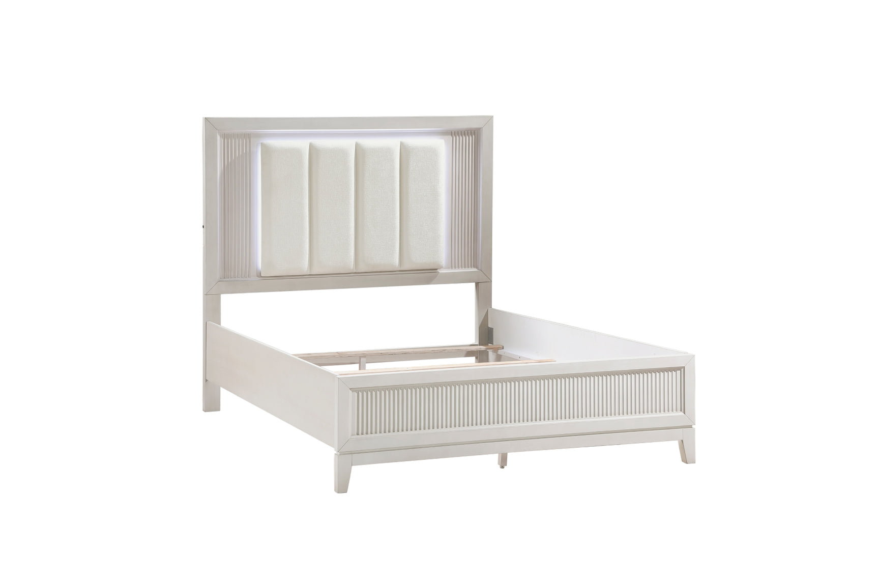 Florence Antique White Upholstered LED Panel Bed bedroom setup