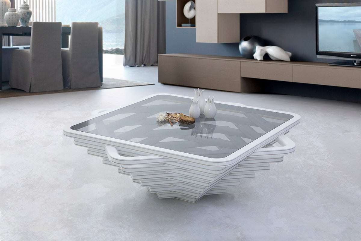 Gina White coffee table, side angle showing 15.75 inch height