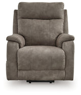 Reclining position view of Crestmeade Fossil Faux Leather Power Lift Recliner