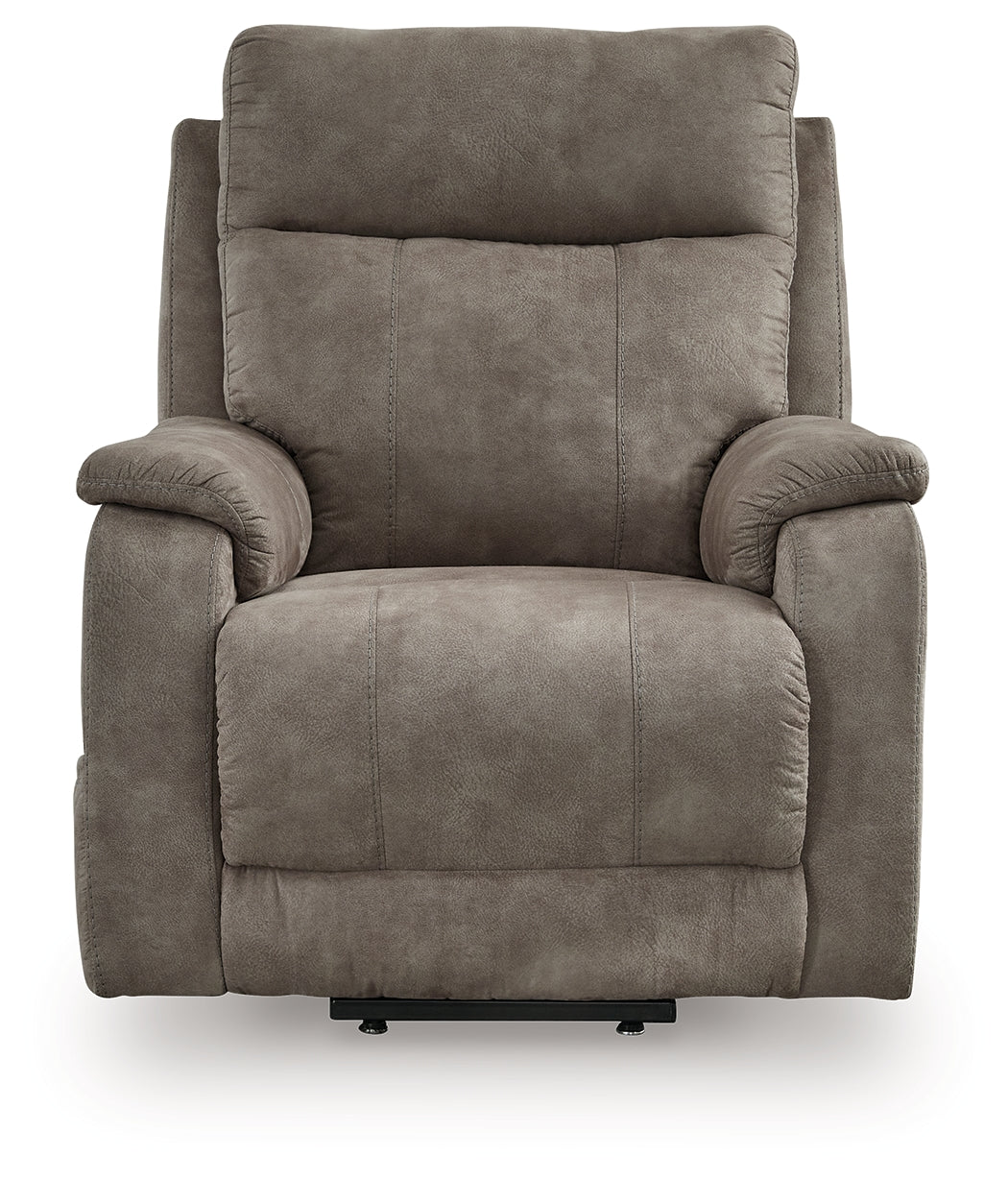Reclining position view of Crestmeade Fossil Faux Leather Power Lift Recliner