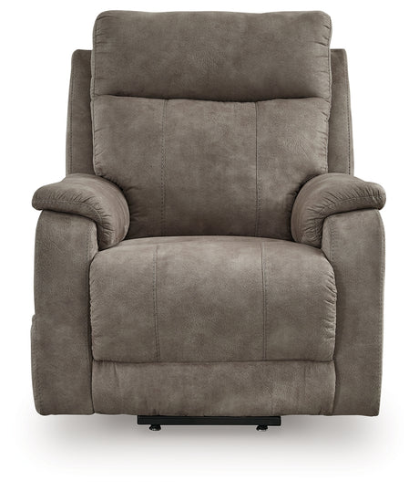 Reclining position view of Crestmeade Fossil Faux Leather Power Lift Recliner