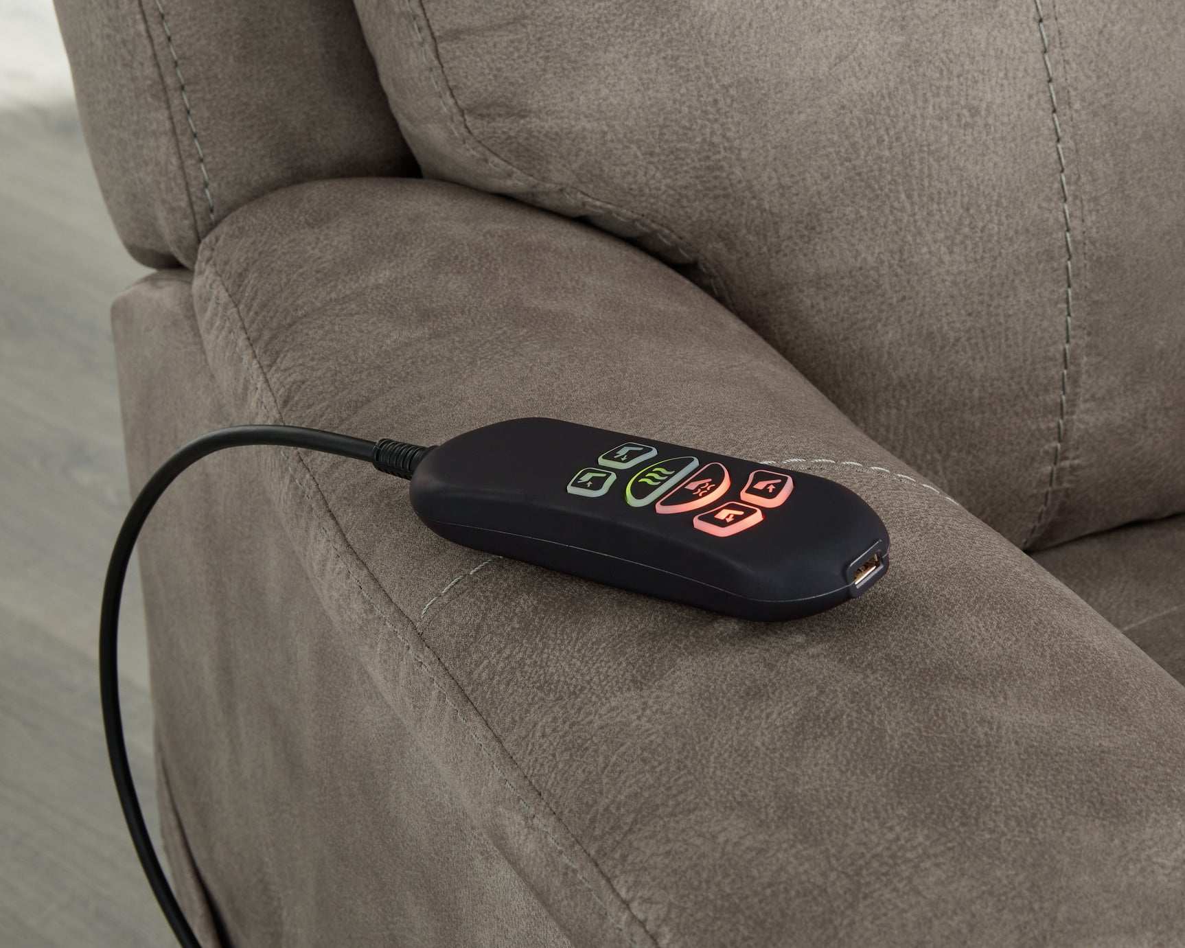 Detail of control wand on Crestmeade Fossil Faux Leather Power Lift Recliner