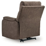 Back angle of Crestmeade Espresso Faux Leather Power Lift Recliner in reclined position